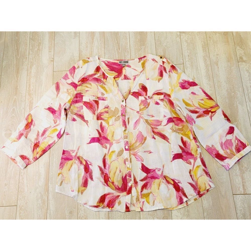 J M Collection 16 100% Linen Top Blouse Shirt White‎ Pink Yellow Floral Button